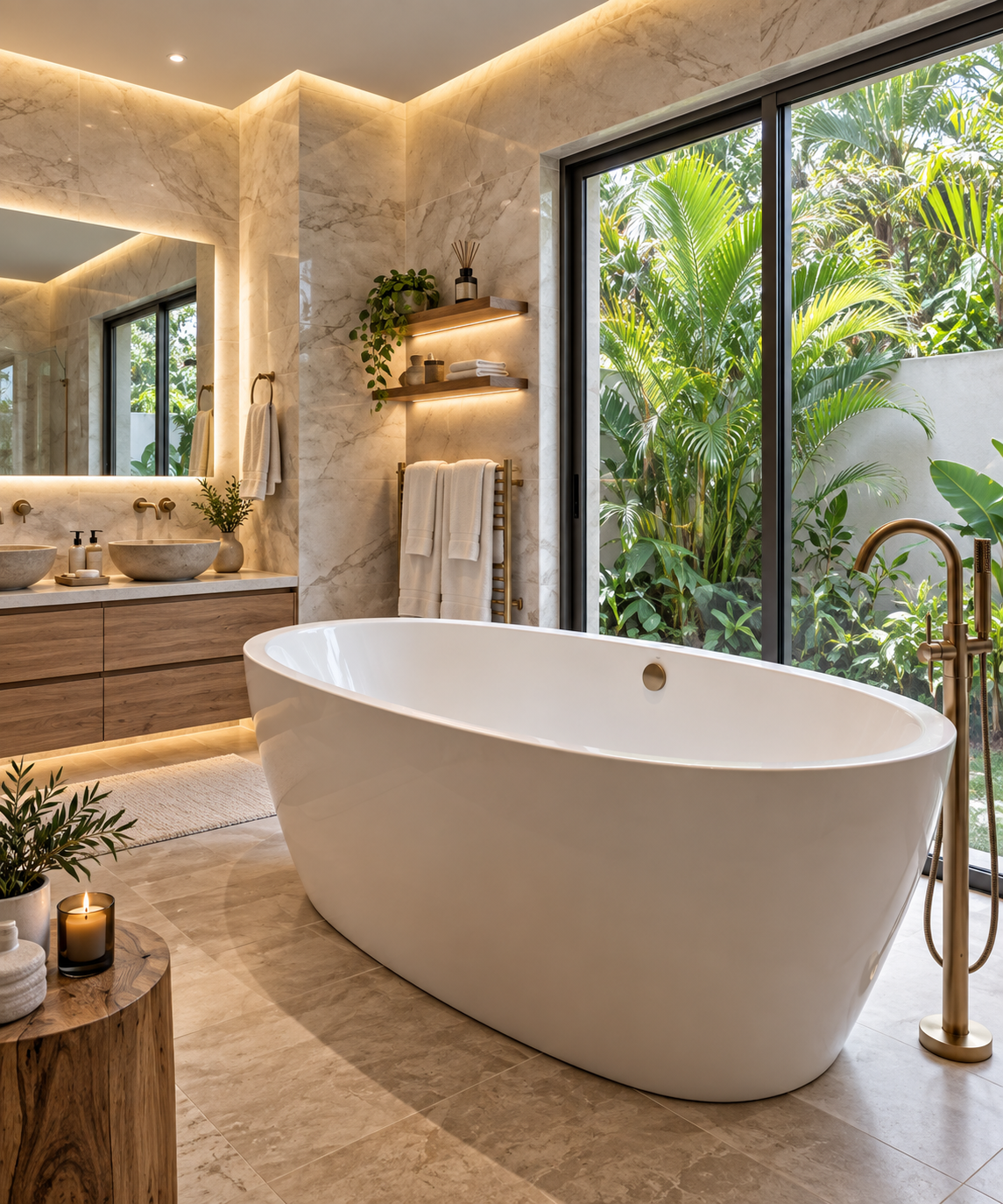 Freshly cleaned bathroom with a bright soaking tub and polished tile surfaces