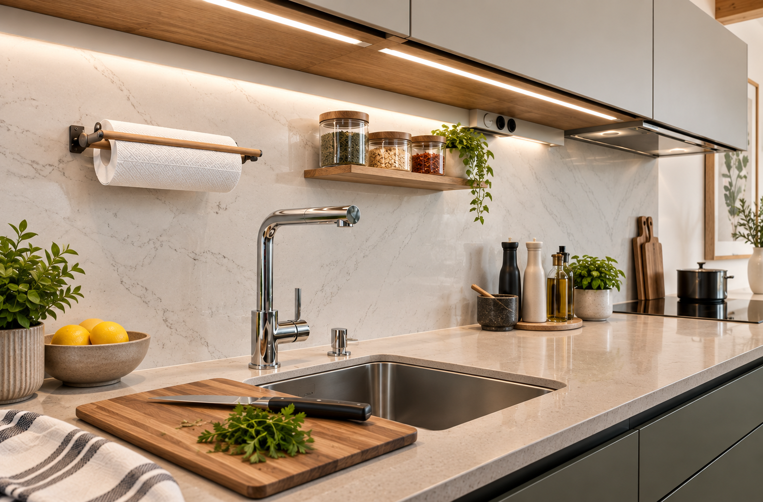 Modern kitchen with polished countertops, sink, and bright finishing details