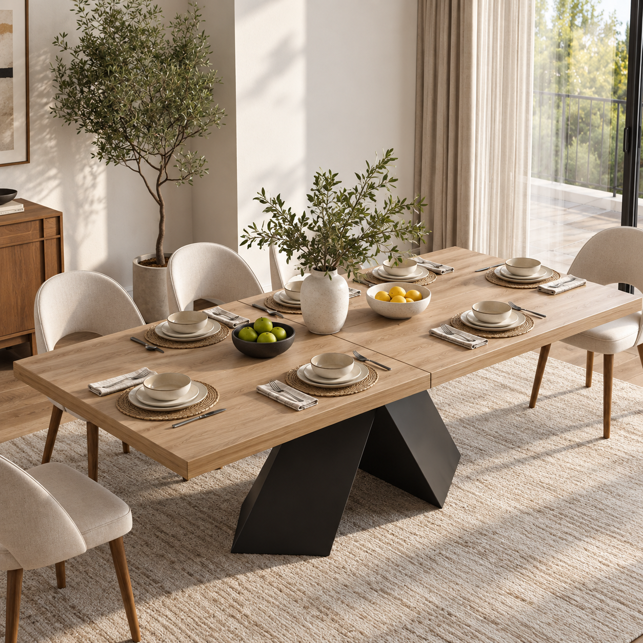Bright dining room with a set table, natural light, and polished surfaces